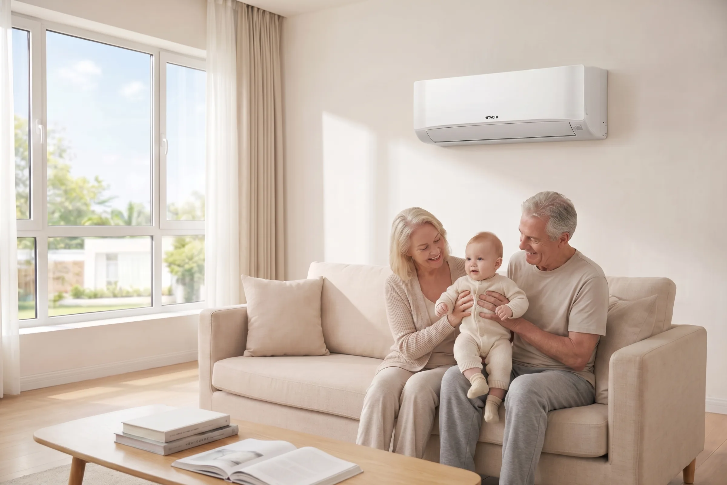 Hitachi ductless indoor head on the wall above two adults and a baby on a living room sofa