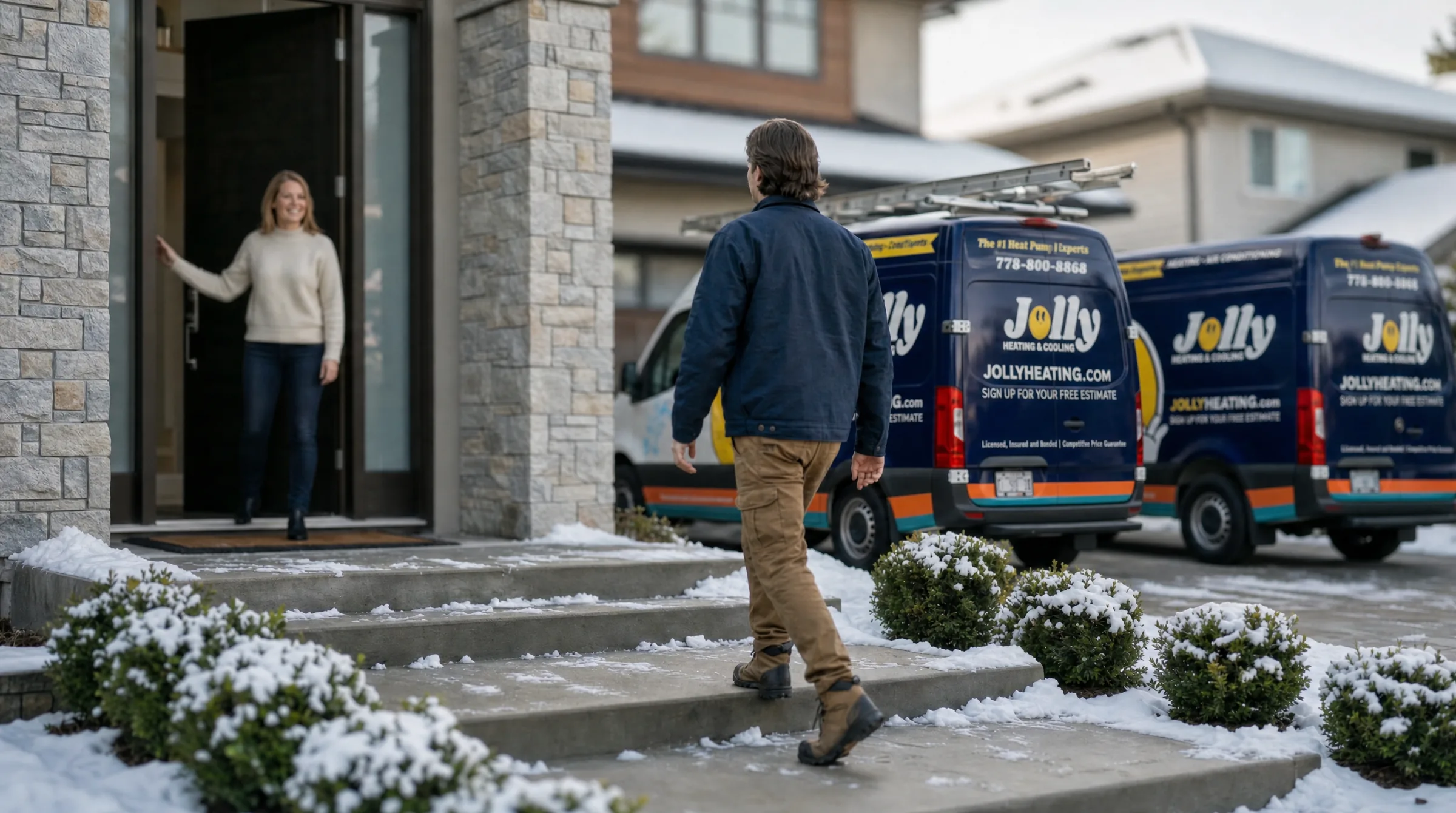 Jolly technician in a work jacket walking up snow-dusted front steps as a homeowner waves from the open doorway, with two branded Jolly vans parked at the curb