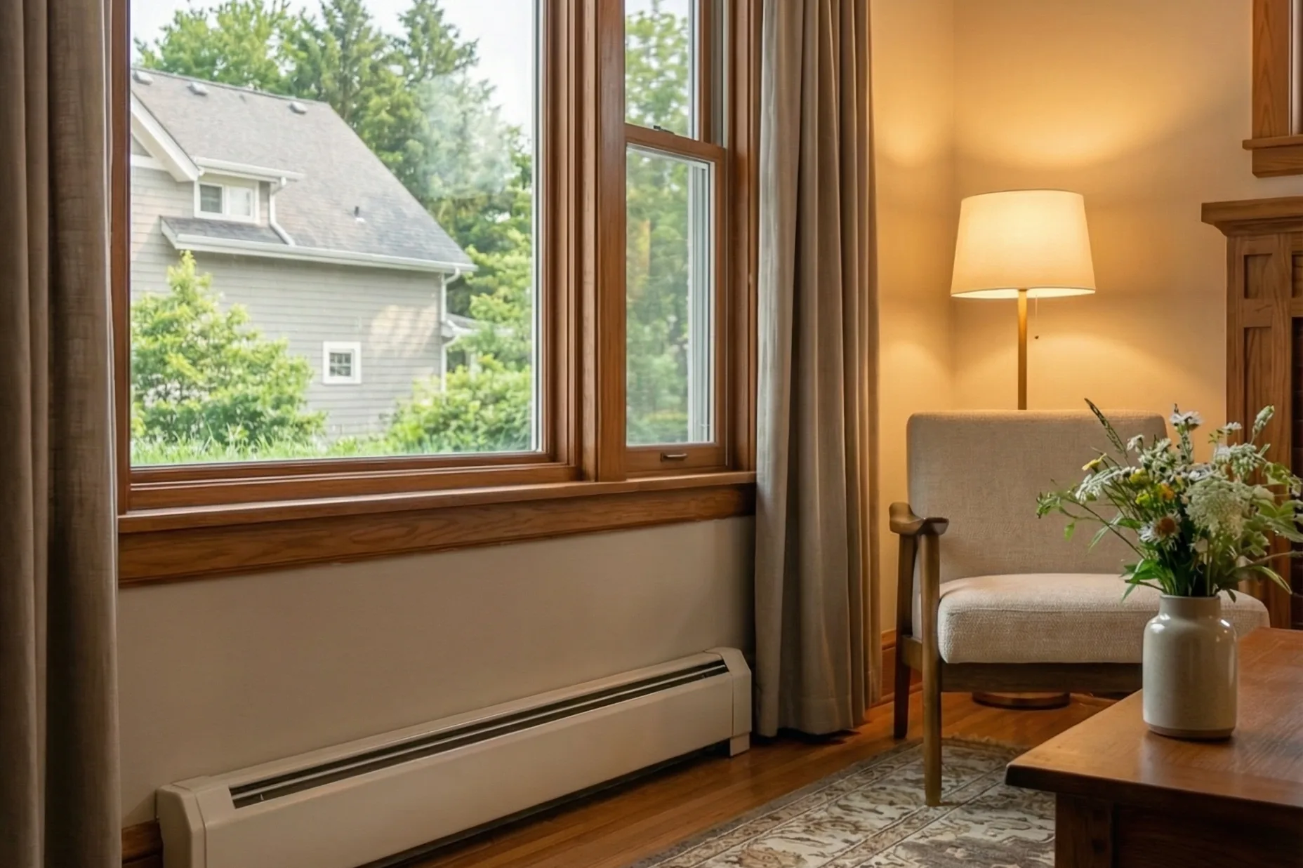 Room with an electric baseboard heater and greenery outside