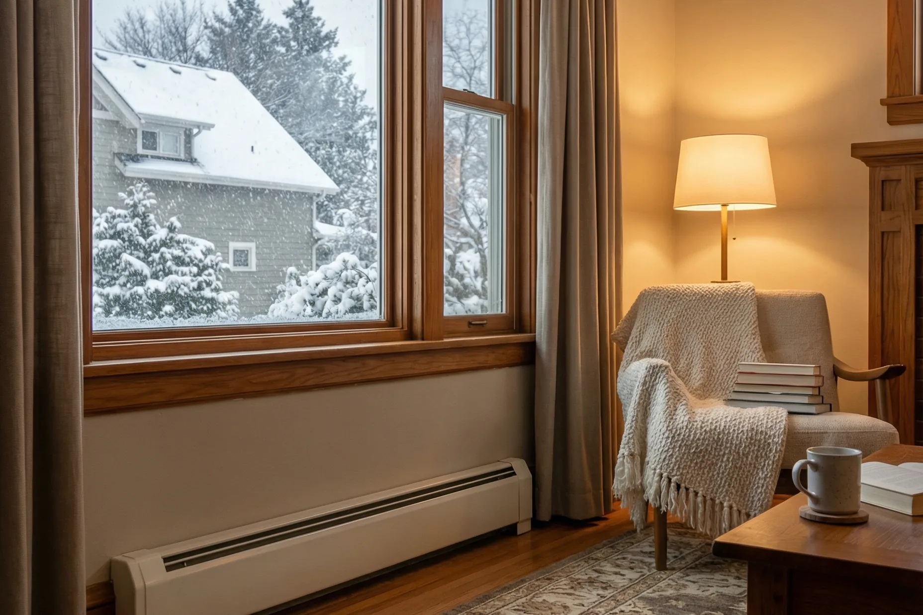 Room heated by an electric baseboard heater with snow outside