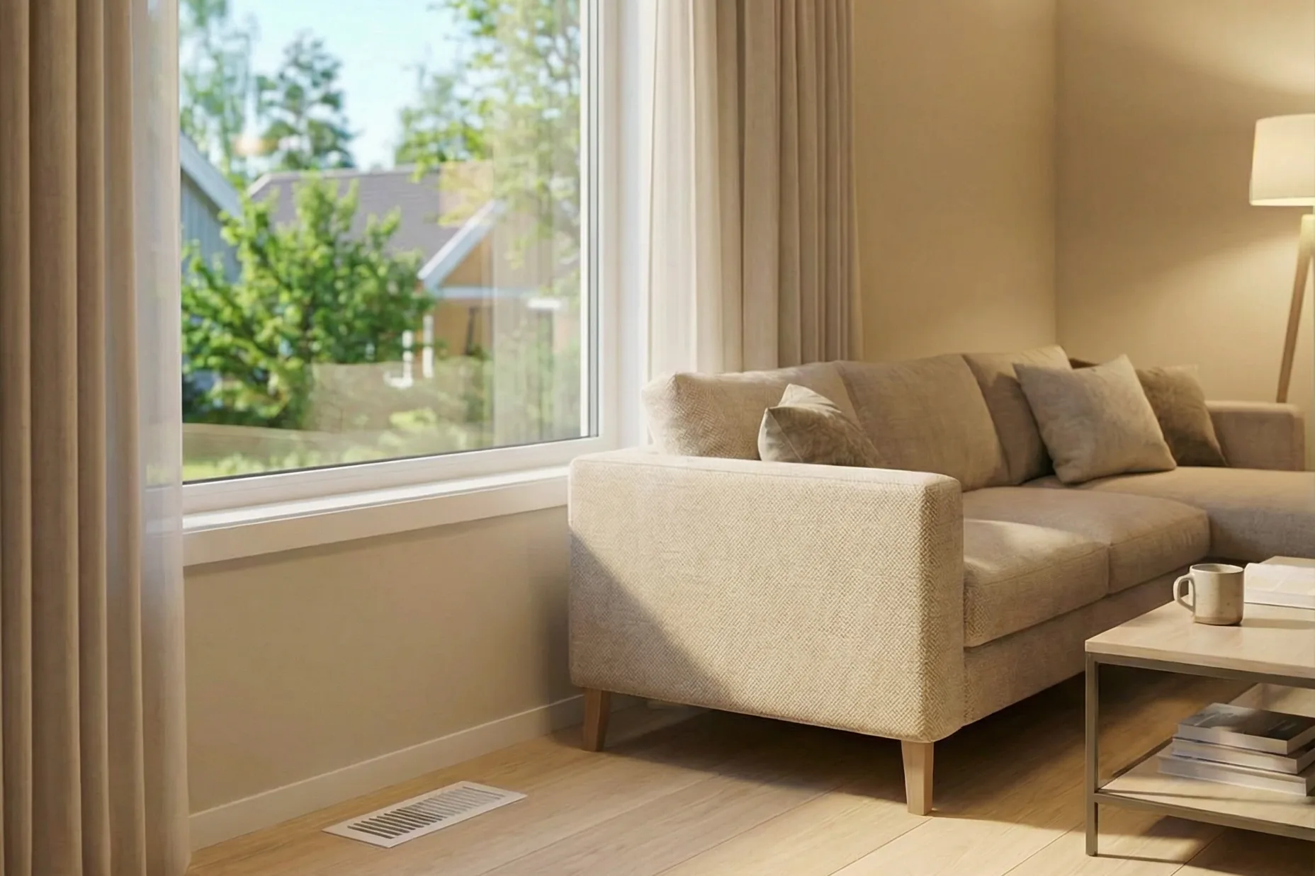 Living room with a floor vent and greenery outside the window