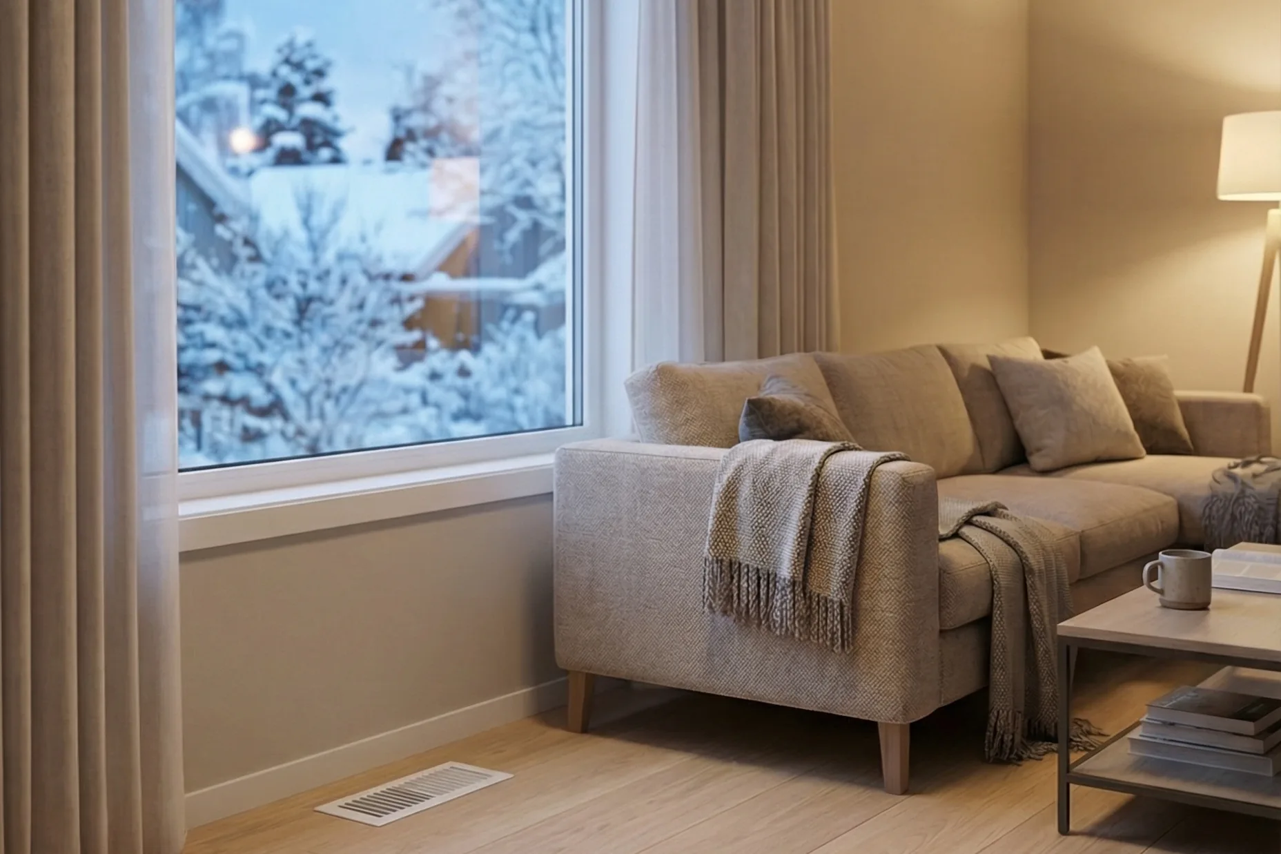 Living room with a floor heating vent and snow outside the window